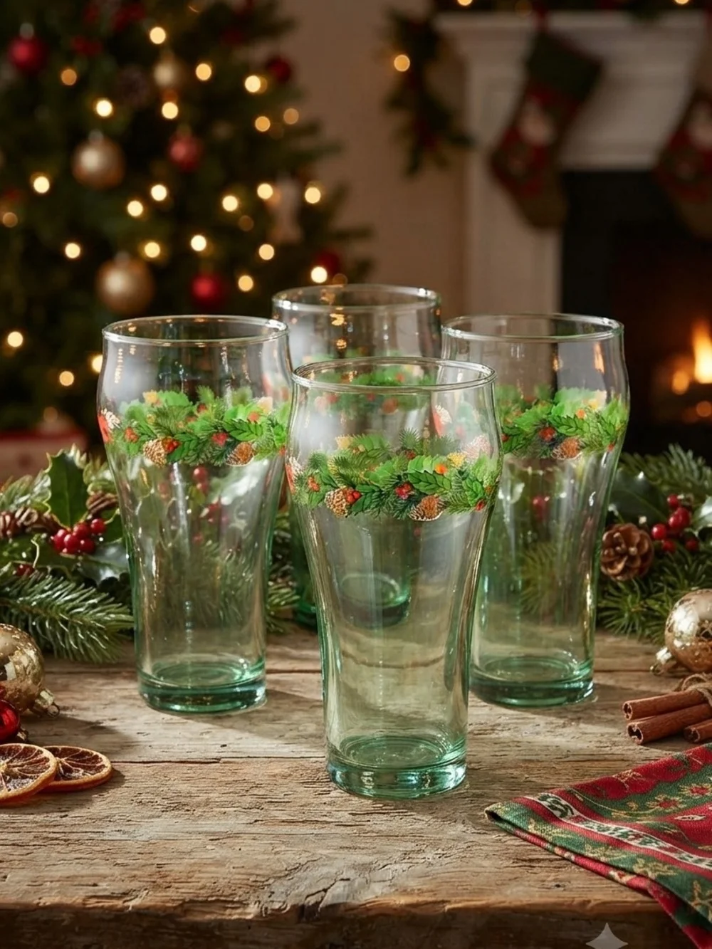 ​Set of 4 Vintage Coca-Cola Christmas Holiday Green Tint Glass Pint Glasses **